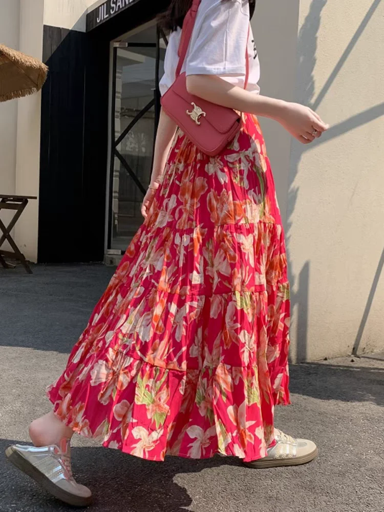 Colorful Bohemian Print Maxi Skirt Summer 2025 High Waist Flowy A-Line Vacation Skirts For Petite Women