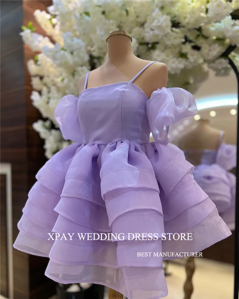 XPAY Lavender Layered Tiered Prom Dresses Spaghetti Straps Puff Short Sleeves Mini Cocktail Dress Evening Gowns Robe de soiree