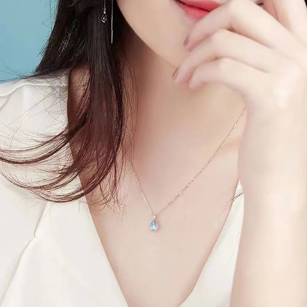 Moonstone Pendant Necklace Thin Chain Dainty Teardrop Pendant Hypoallergenic Women Neck Jewelry Elegant Gift for Girls Teens