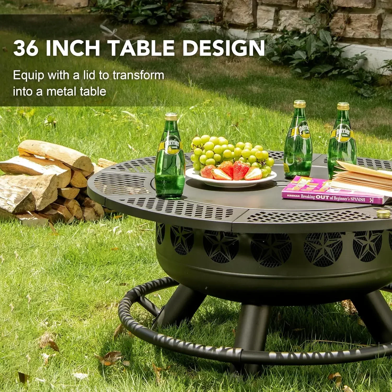 

[XMSJ-Limited Stock, Buy Now!]36 Inch Fire Pit with Cooking Grill,Outdoor Wood Burning BBQ Firepit with Lid, 3-in-1 Outdoor Fire