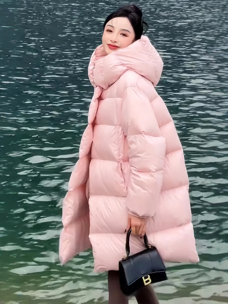 Pink Hooded Mid-Length Puffer Jaet Women's Winter 2025 90 White Du down Loose Thiened Warm Bread Sle Casual Faion