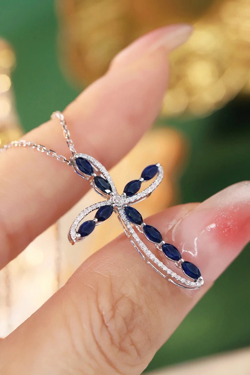 KUGG 100% 18K White Gold Necklace Romantic Cross Pendant Shiny Diamond Natural Sapphire Necklace for Women High Birthday Gift