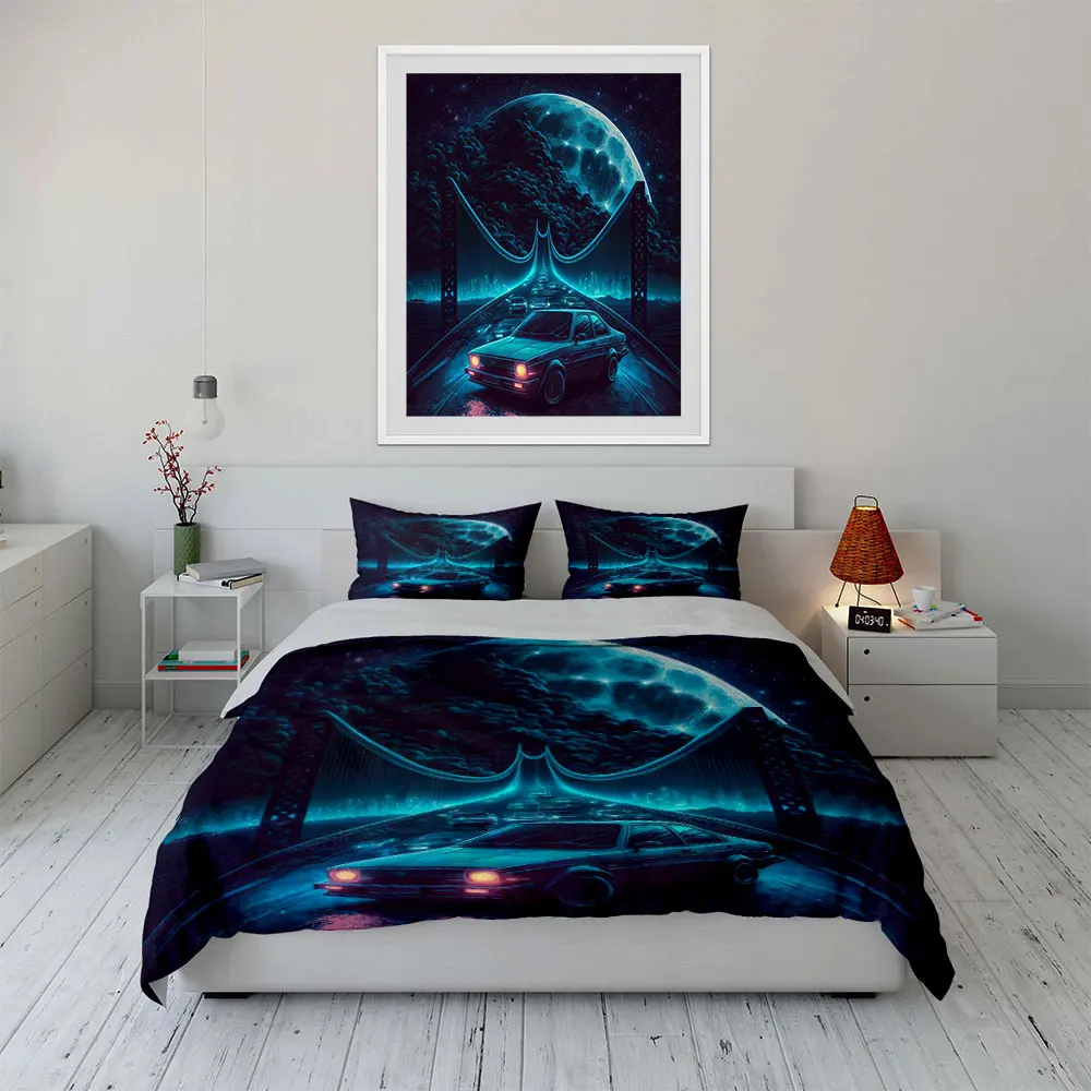 Night view and racing cars on bridge Pattern Duvet Cover Set Digital Print Colorful Polyester Bedding with Zipper Closur gifts