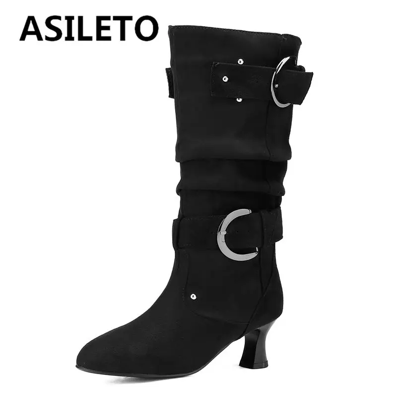 ASILETO Flock Suede Pointed Toe Strange Heels Slip On Pleated Belt Buckle Metal Decoration Large Size 45 46 Mature Daily Bota