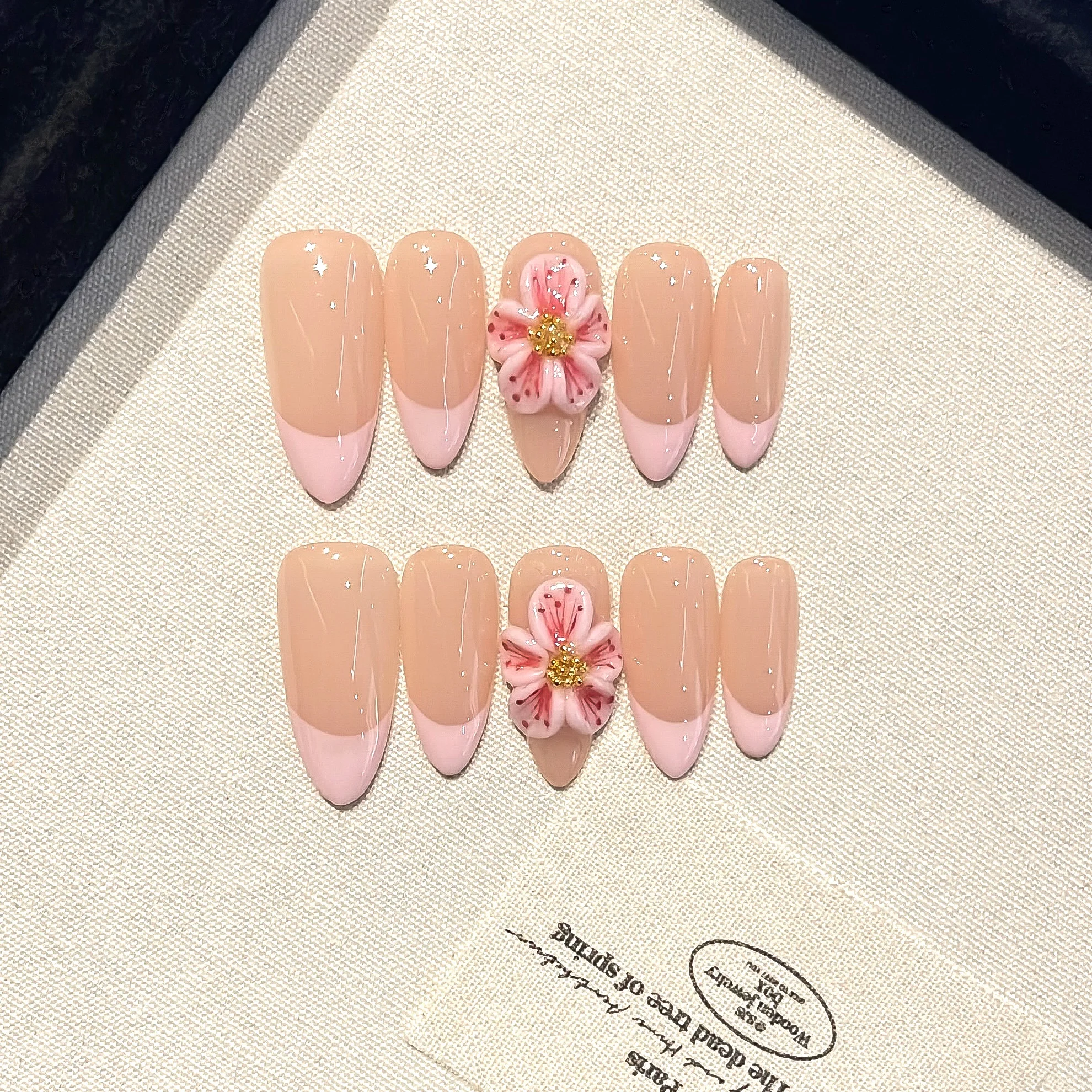 10PCS Original Handcrafted Nude Almond Press On Nails, 3D Pink Flower Pink French Artificial False Nails