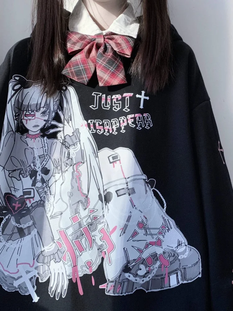 QWEEK Gothic Harajuku Anime Hoodies Women Goth Japanese Streetwear Cartoon Print Hooded Sweatshirts Black Tops 2022 Autumn Y2k