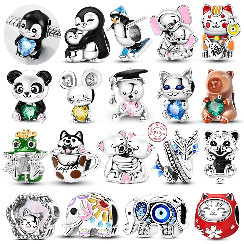 

925 Sterling Silve Charms Cat Bear Elephant Panda Penguin Dog Charms Beaded fit Original Bracelet Bangle Women DIY Jewelry Gift