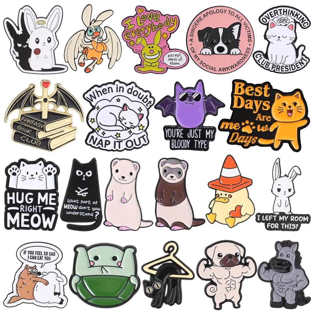 Cartoon Animal Brooches Fun Pins Rabbit Muscle Dog Horse Cat Bat Book Sea Lion Turtle Cute Metal Badge Jewelry Gift For Friend