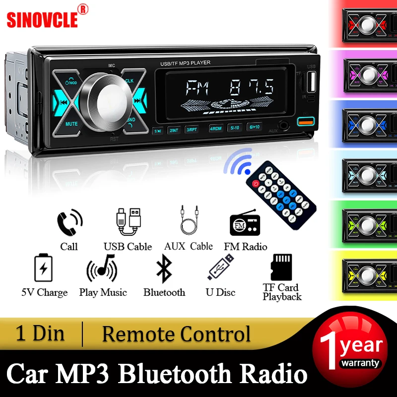 Car 1 din Radio Audio Stereo MP3 Player Bluetooth Multimedia Digital Stereos For Car Universal Colorful With Aux Input USB