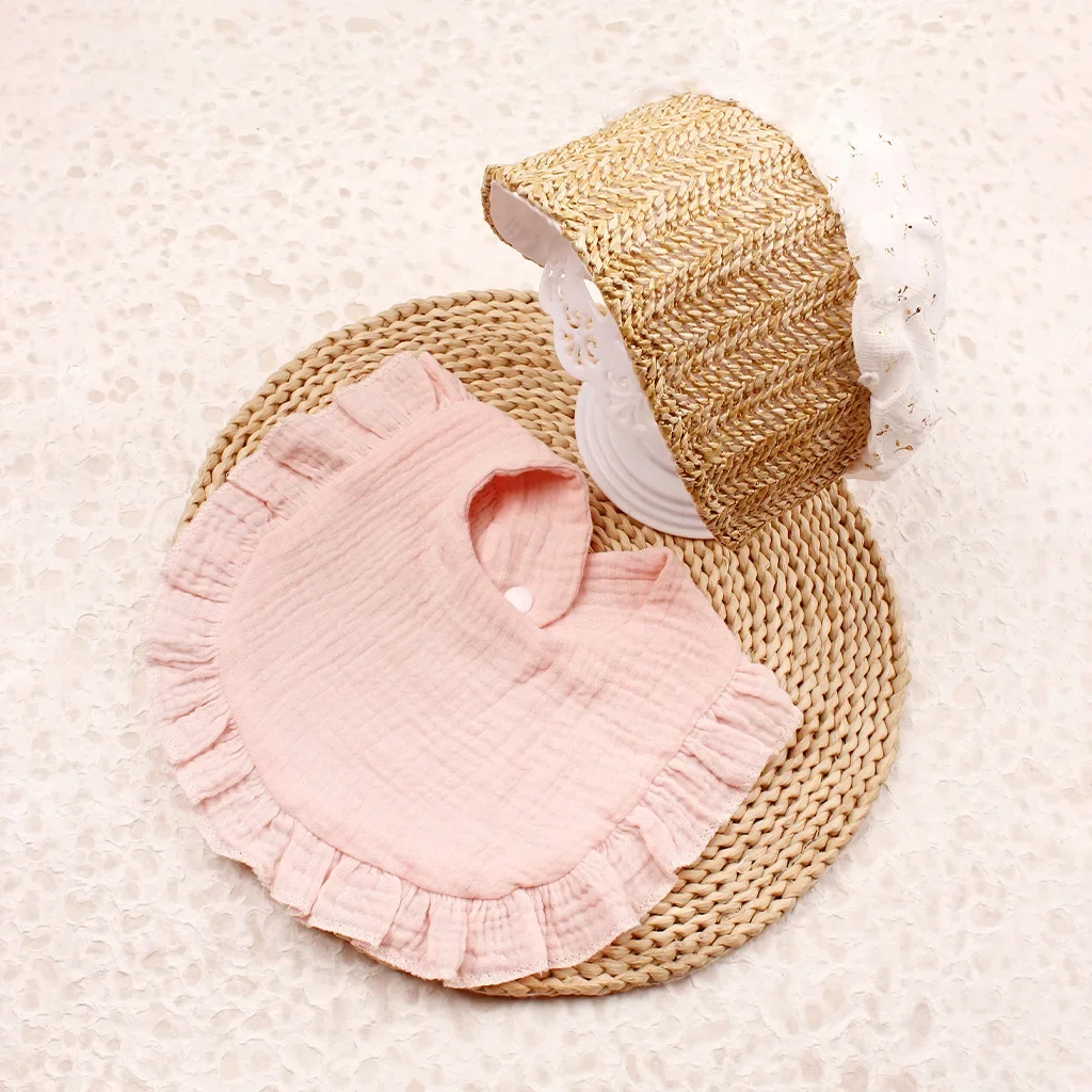 Gorro con babero para niños, conjunto de dos piezas con encaje, toalla de baba de algodón para sombrear el sol y protección solar, sombrero de palacio, sombrero de hierba, babero para bebé