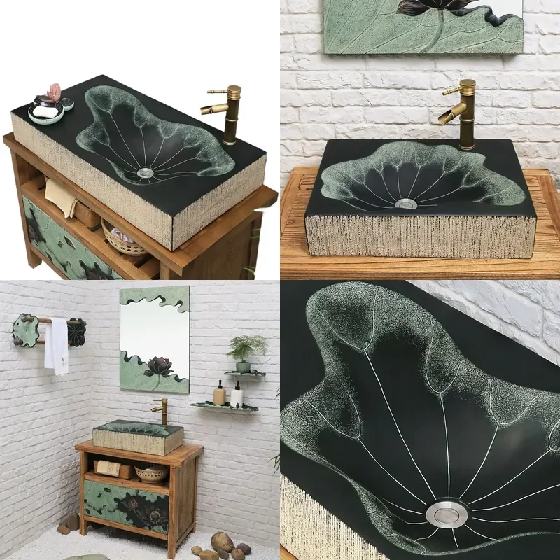 Square Ceramic Vessel Sink Chinese Style Art Basin for Bathroom Vanity Countertop Wash Hand Basin Antique Design