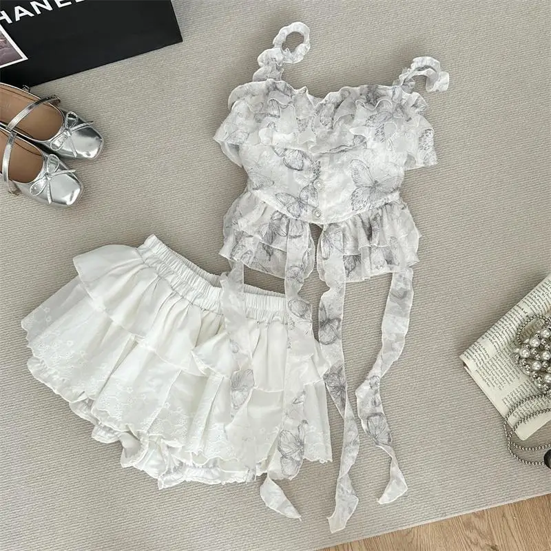 Suit Butterfly Print Ribbon Camisole + Mini Tierred Ruffles Skirt Summer Women Vintage Mori Girl Cute Outfits 2 Piece Set