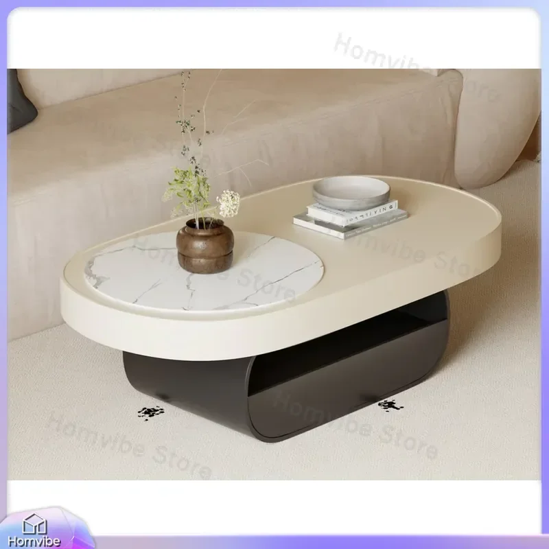 Cream Sunshine Coffee Table with Slate Counter Top and Large Capacity Solid Wood Drawer for Living Room Modern Minimalist