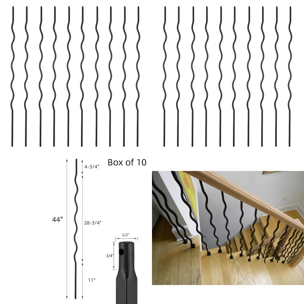 مجموعة من 10 درابزينات شريطية عادية مموجة مجوفة للطوابق ودرابزين الدرج الحلزوني - مغزل معدني أسود من الساتان مقاس 1/2 بوصة