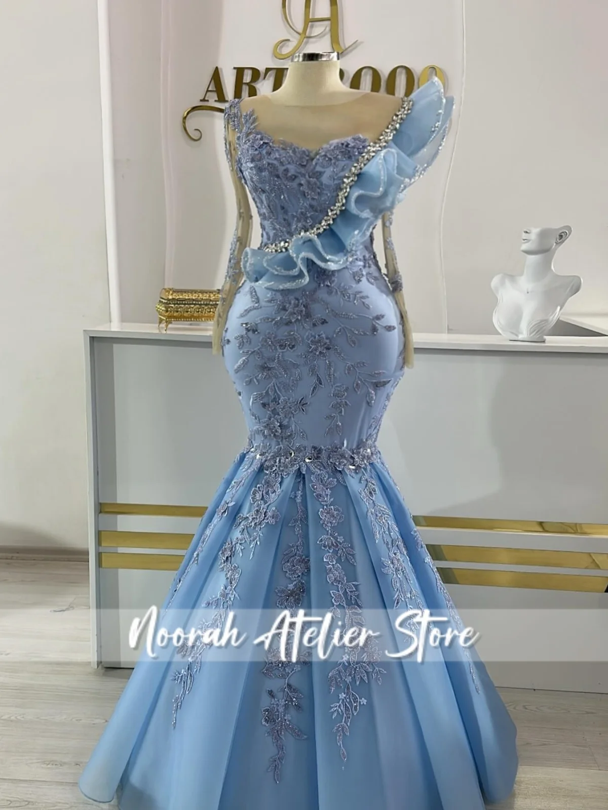 Vestidos de Noche lujosos de sirena con apliques de cuentas azul cielo para mujer 2025, vestido de celebridad con manga de Dubái para mujer, vestido de graduación personalizado