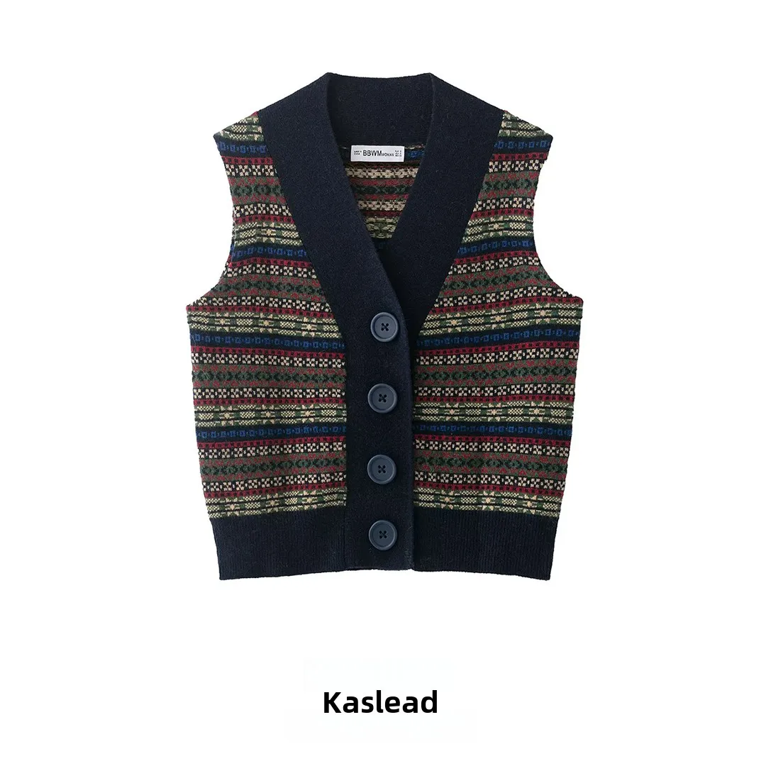 

KASLEAD Faionable Mixed Knitted Knit Vest Women's Clothing 3920824 V-ne Striped Polyester Fiber 00% Commute Sle