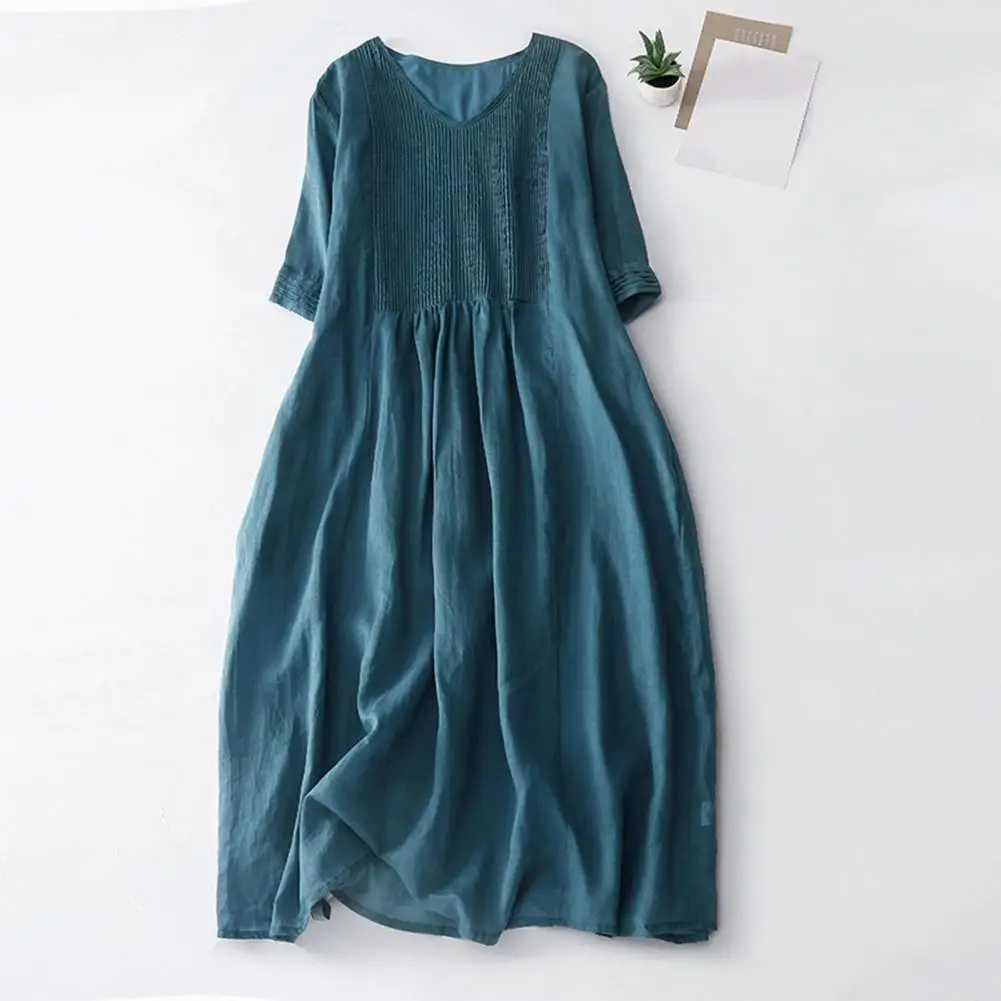 A-line Dress Double-layered V Neck Summer Dress with Pleated Short Sleeves A-line Retro Style Soft Breathable Fabric for Women