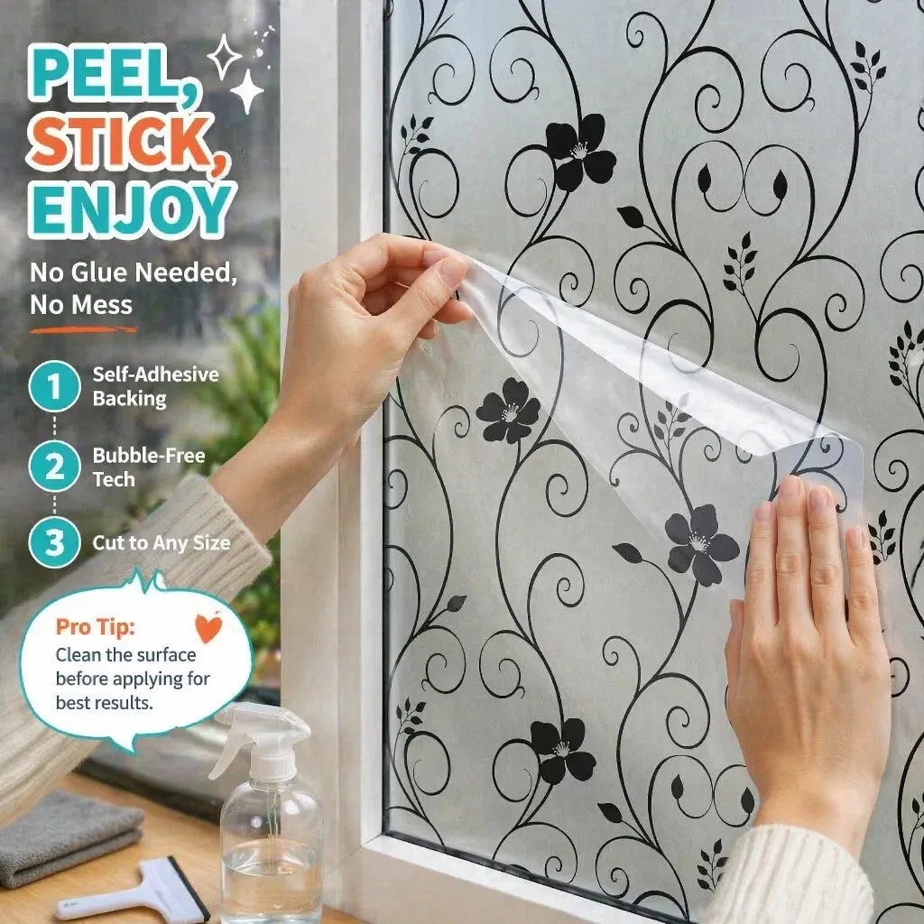 Black Vine Floral Self-Adhesive Frosted Window Film Privacy Anti-Peeping Glass Sticker Soft Light Filter DIY Cutable Decor for H