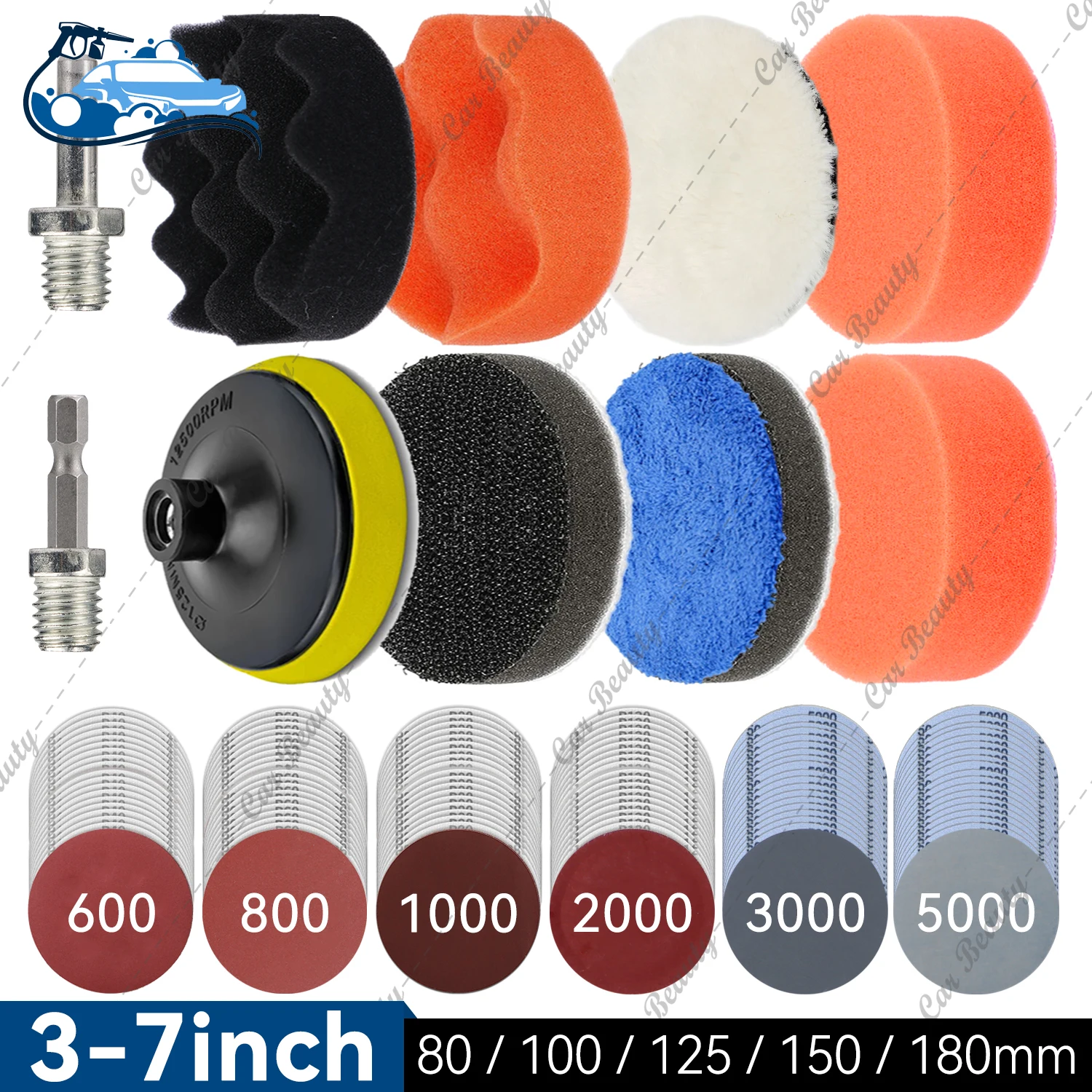 3 4 5 6 7 inch Waxing Sponge Car Headlight Restoration Kit Wool Pad Hook and Loop Plate Sandpaper Polishing Cleaning Metal Wood