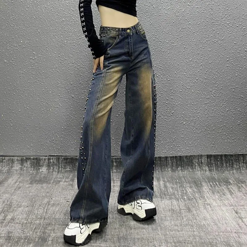 Women's Fall Loose Look Thin All The Wide Leg Pants High Appearance Level Handsome Side Nail Bead Design To Do Old Casual Jeans