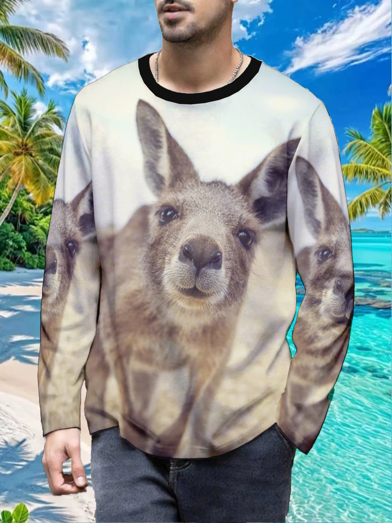 Cute Kangaroo Wildlife Animal Nature Mens Polyester Long Sleeve T Shirt Australian Outback Print Graphic Tee Casual Outdoor Comf