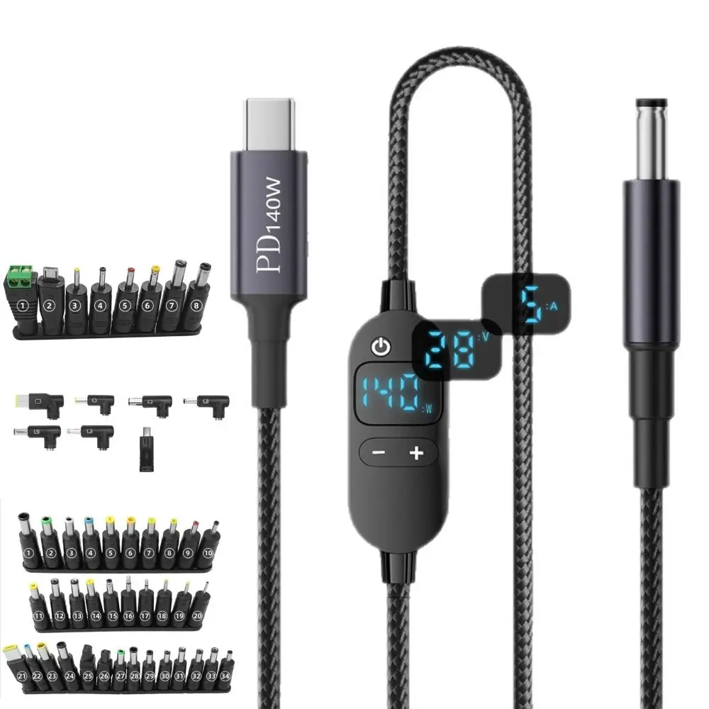 Digital Display USB C to DC PD Adapter Cable 5V/9V/12V/15V/20V with 28/34 Connector Tips Type-C to DC Power Cord