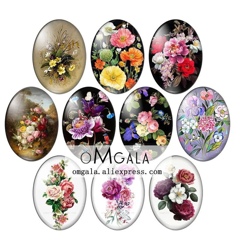 Beauty Vintage Flowers Rose Daisy 10pcs 13x18mm/18x25mm/30x40mm Oval photo glass cabochon demo flat back Making findings