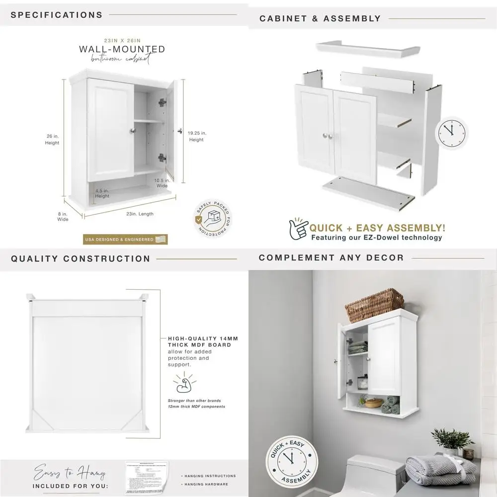 

23x26 Inch White Wall-Mounted Medicine Cabinet with Over-The-Toilet Storage for Bathroom and Restroom Organization