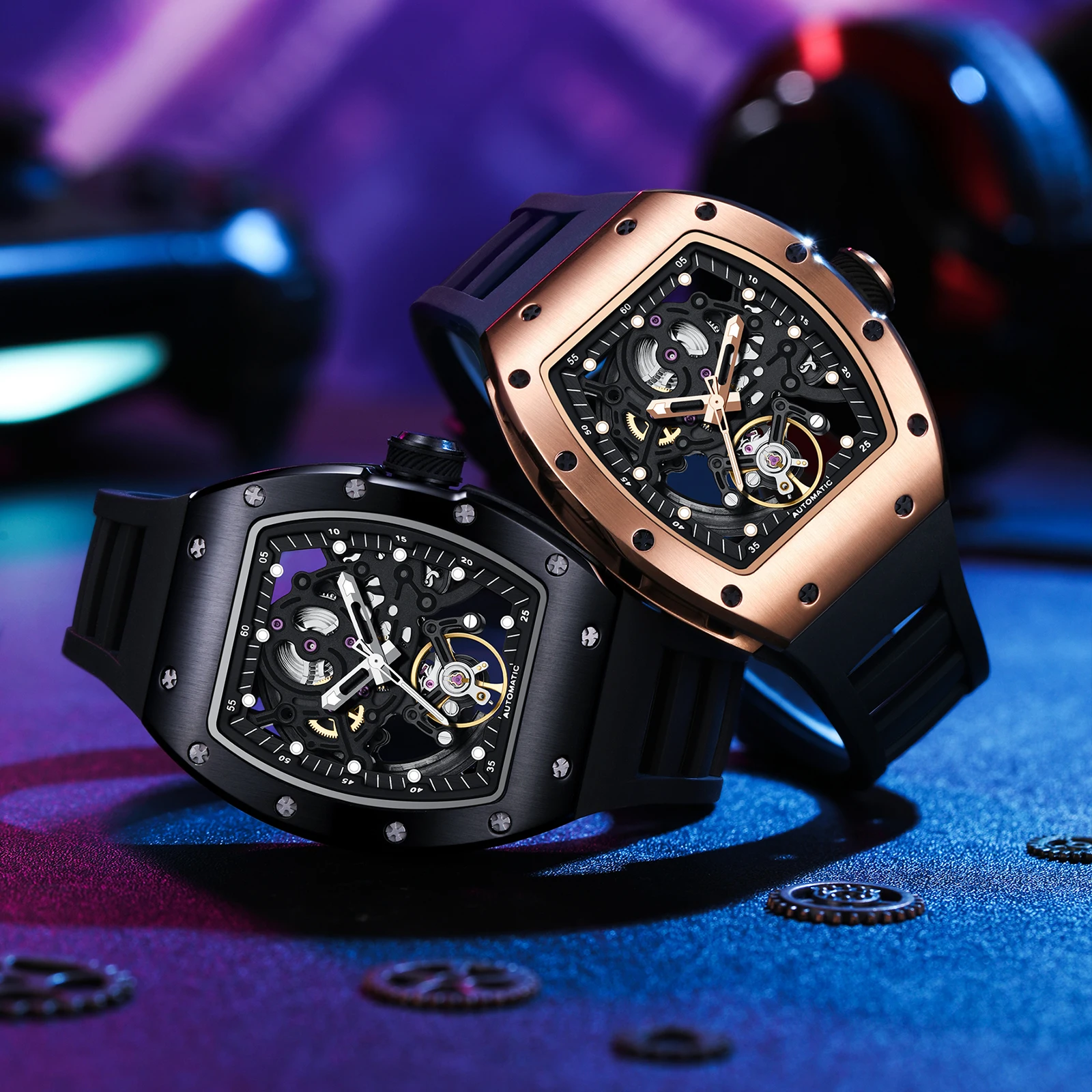 High Quality Men's Mechanical Watch Automatic Movement Black-Warrior Hollow Design Waterproof Rubber Band-Fashionable Reloj