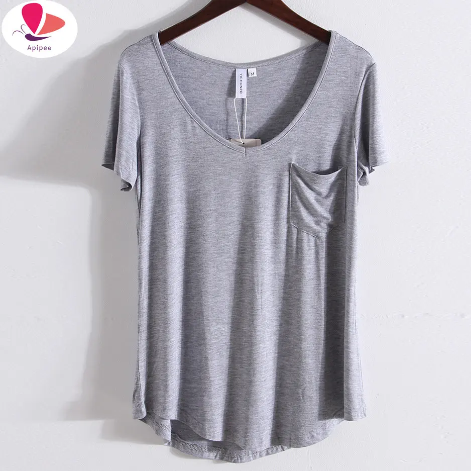 APIPEE Modal Pocket Summer Short Sleeve Loose Women V-neck Pure Color Soft T-shirt Black/Gray/White/Beige