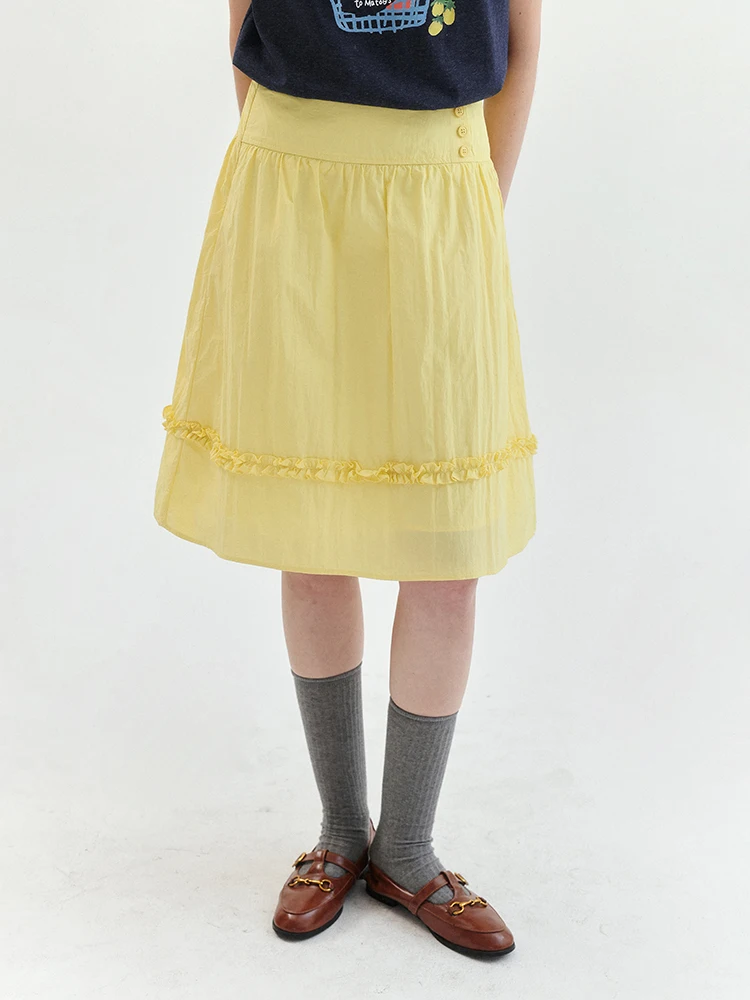 High Waist A-Line  Skirt Women's Yellow Gingham Pleated Skirt Summer New Sweet Style Korean Commute Half-length Skirt