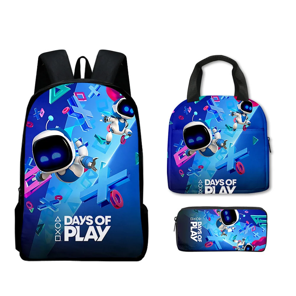 3PCS Game Astro Bot Cartoon Student Backpack Large Capacity Portable Meal Pack Pencil Storage Bag Stationery School Supplies Set