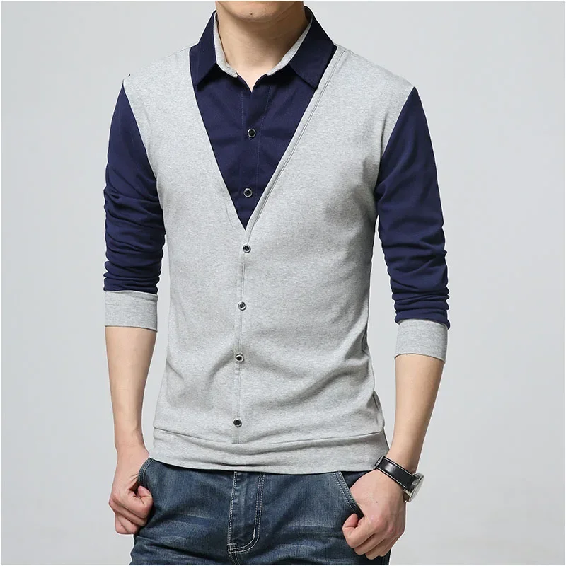 European Mens Long Sleeve Tops Spring Fall Business Casual Tshirts 5XL Lapel Patchwork Pullover Shirt Slim Fashion Men Clothing