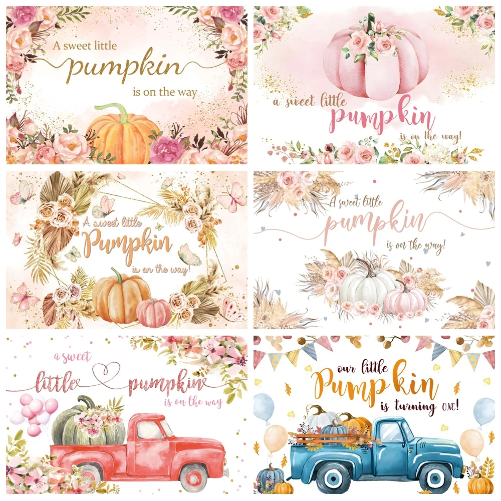 

Autumn Backdrop Fall A Little Pumpkin Is on The Way Baby Shower Birthday Party Trucks Thanksgiving Photography Background Decor