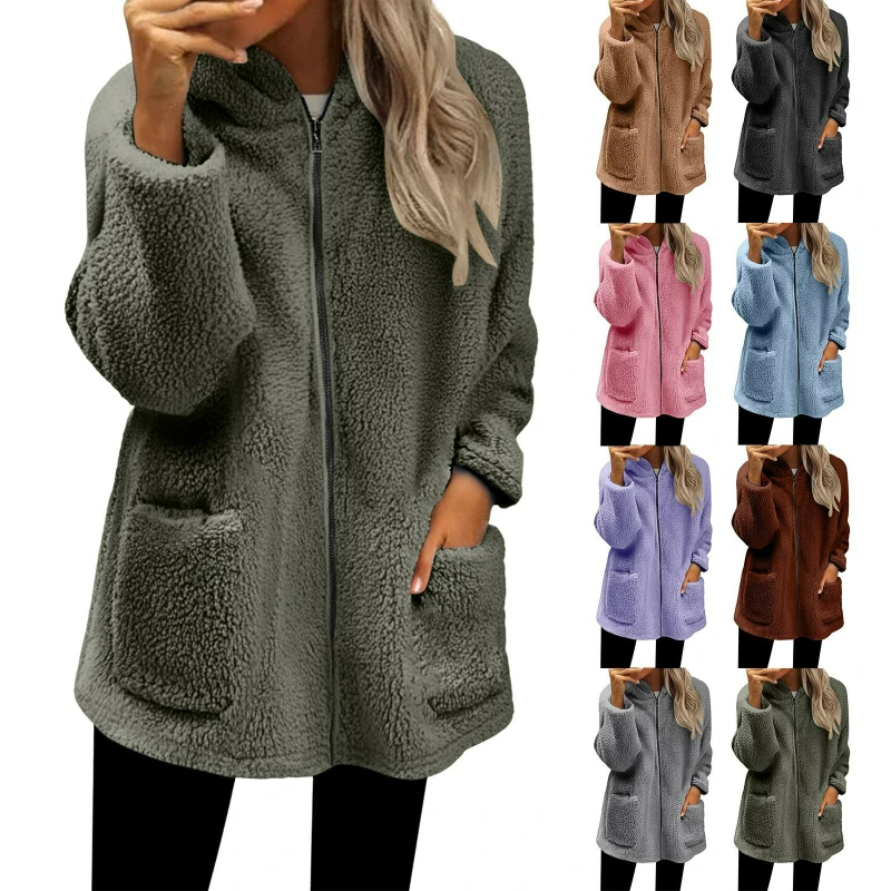 Women Thick Jackets Hoodies Solid Zipper Wool Long Sleeve Coat Cardigan Warm Pockets Casual Spiced Streetwear Autumn Winter