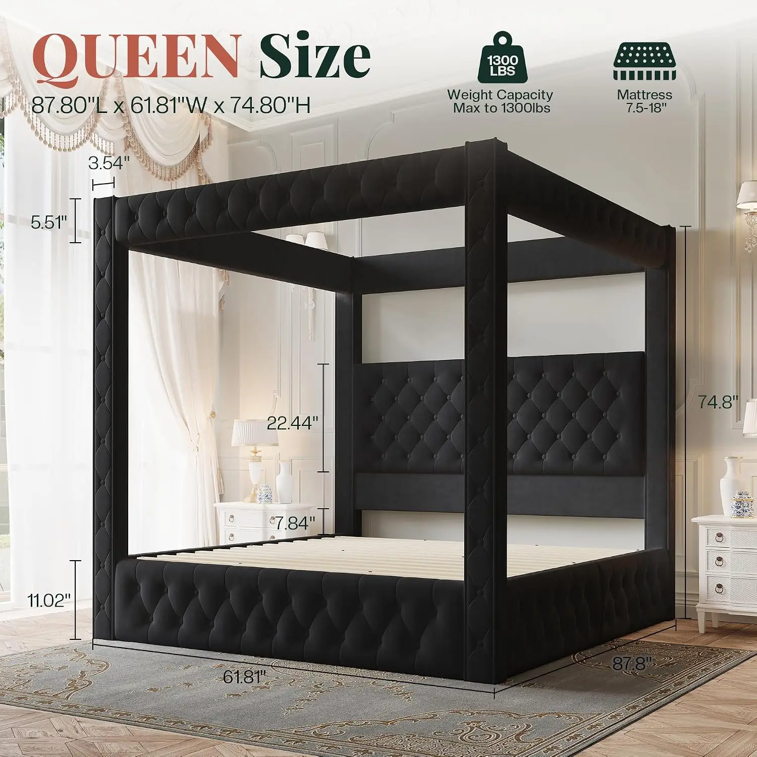Queen Canopy Bed Frame Velvet Upholstered 74.8