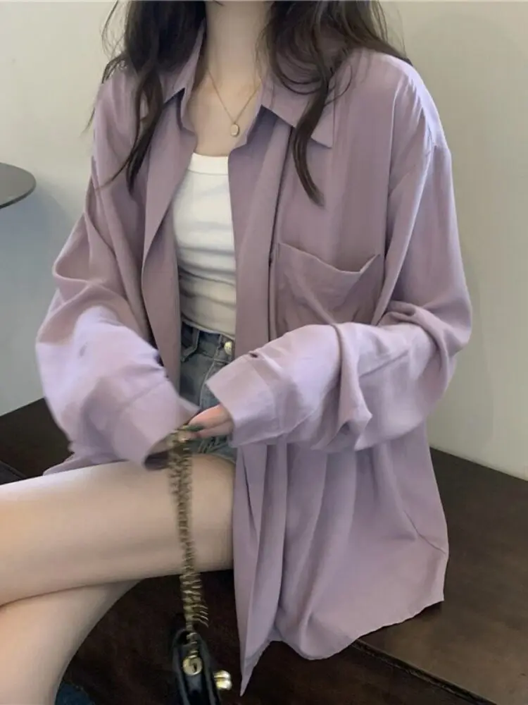

Fashionable Purple Lightweight Spring Shirt Women's Outerwear Cardigan Style Breathable Skin-Friendly Long Sleeve Collar