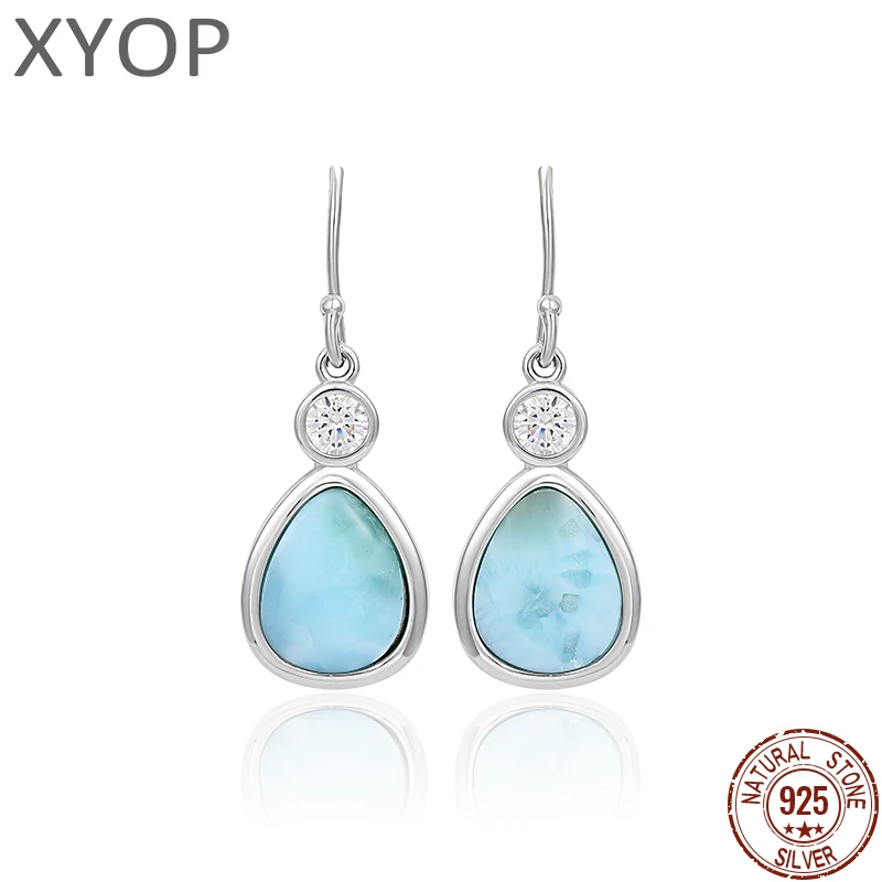 New Fashion Zircon Geometry Streamlined Long 925 Sterling Silver Jewelry Girl Natural Precious Larimar Earrings Women