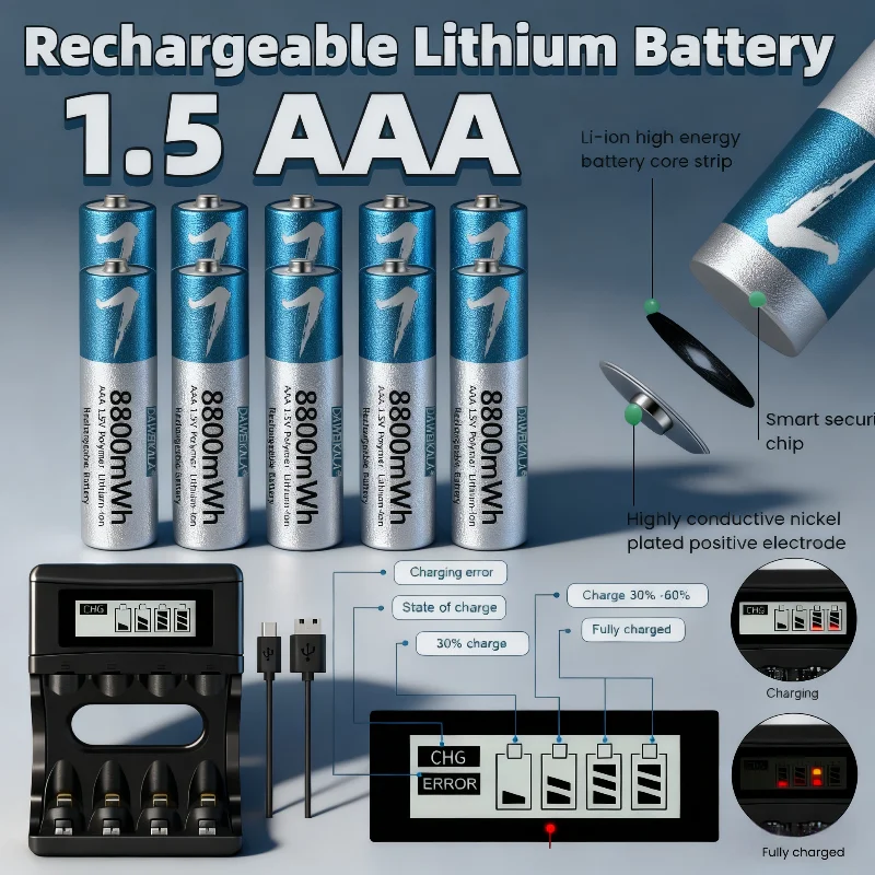 

High Capacity 1.5V AAA Li-ion Battery 8800mWh Rechargeable, for Remote Control, Mouse, Small Fan, Electric Toys, Keyboard