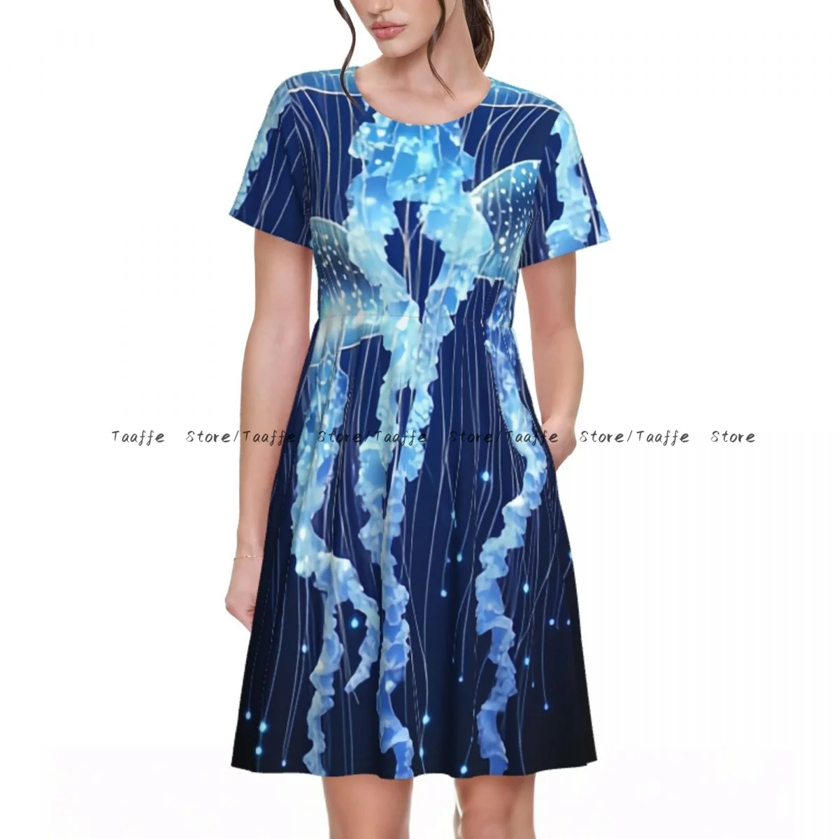 Summer Women Dress Bioluminescent Jellyfish With Tentacles Casual Beach Holiday Short Sleeve Round Collar Woman Midi Dress