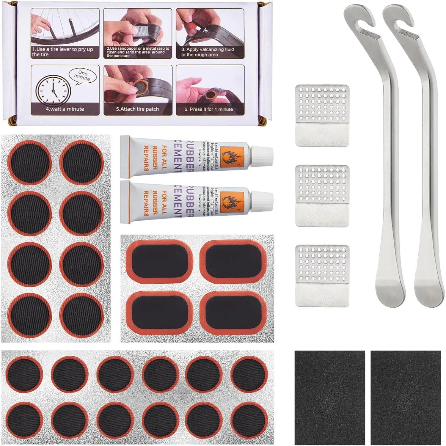 

Bike Tire Repair Kit with Stainless Steel Levers and 24 Patches for Mountain and Road Bikes