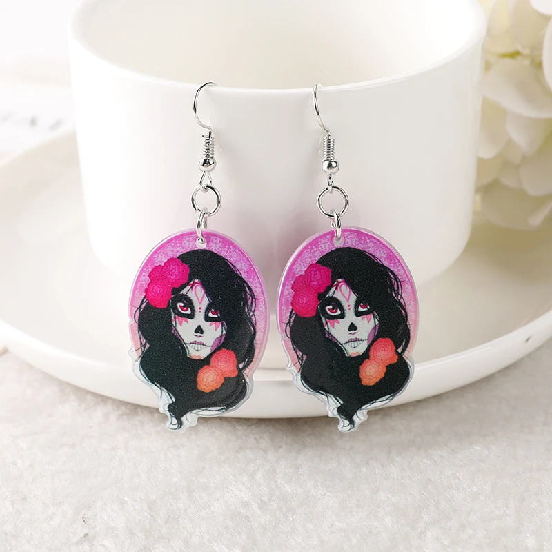 1Pair Halloween Day Of Dead Fashion Drop Earrings Creative Acrylic Mexican Skull Jewelry for Women Birthday Gift