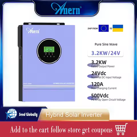 Anern Hybrid Solar Inverter 3KW Off Grid Pure Sine Wave 24V PV LDC Display Built-in 80A MPPT Charger Controller for Home System