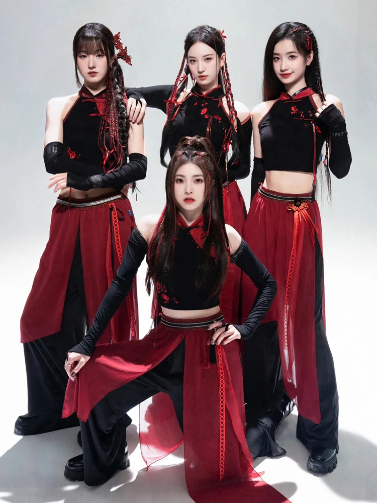 2024 New Stage Style Black And Red Ancient Chinese Jazz Dance Costume Women's Group Performance Suit Milk Silk Material