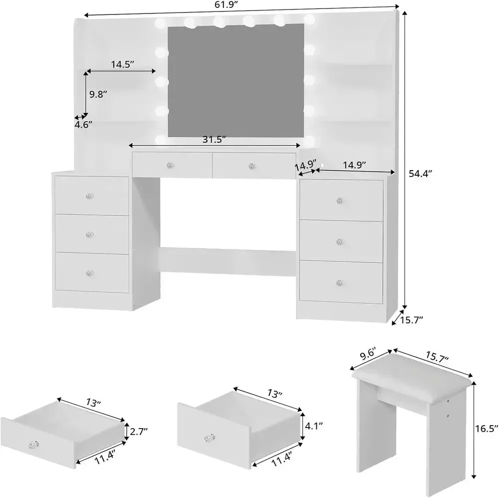 Illuminated Mirror Vanity Desk with Power Outlet, 8 Drawers, 6 Shelves Makeup Table for Women, Bedroom Dressing Table in White