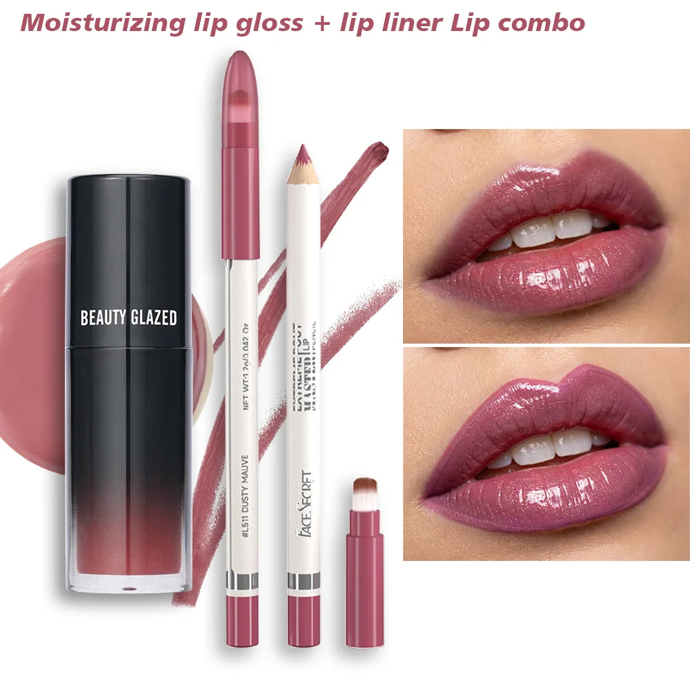 2pcsGradient Lip Makeup Set,Velvet Liquid Lipstick & Dual-Ended Matte Lip Liner (with Blending Brush),Long-Lasting Waterproof