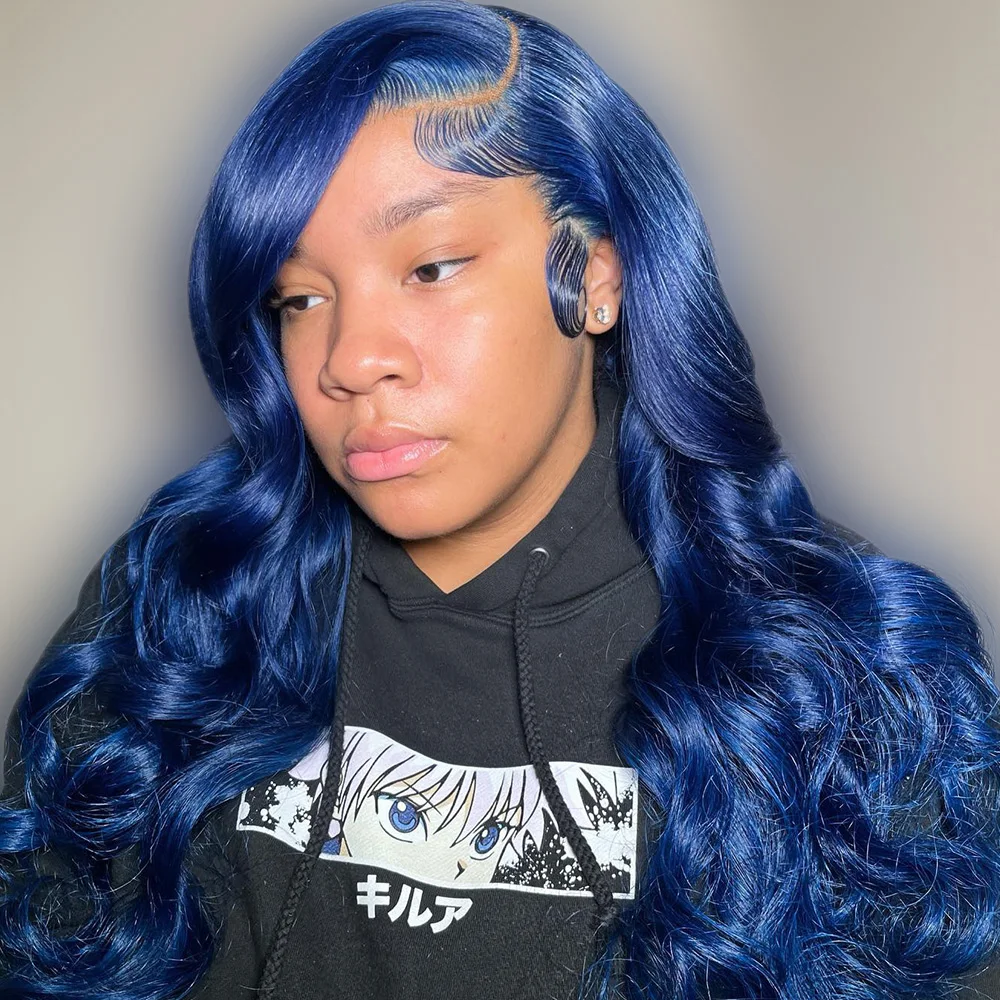 Human Hair 13X6 Lace Front Pre-Stretched Wig Blue Transparent Lace Front Wig 13x4 High Gloss Loose Wave Wig 250 Density