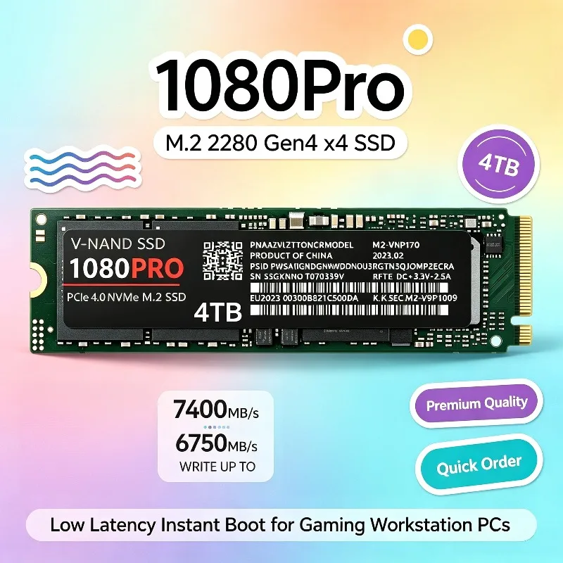 Original 1080Pro 512GB/1TB/2TB/4TB M.2 2280 Gen4 x4 NVMe SSD, Read 7400MB/s, Low Latency Instant Boot for Gaming Workstation PCs
