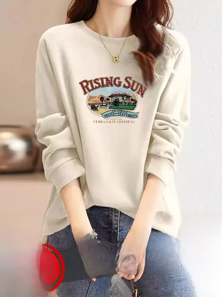 

2024 New round Neck Sweatshirt Women Loose Casual Fashion Thick Long Sleeve Autumn Winter plus Size Slimming Top Cotton
