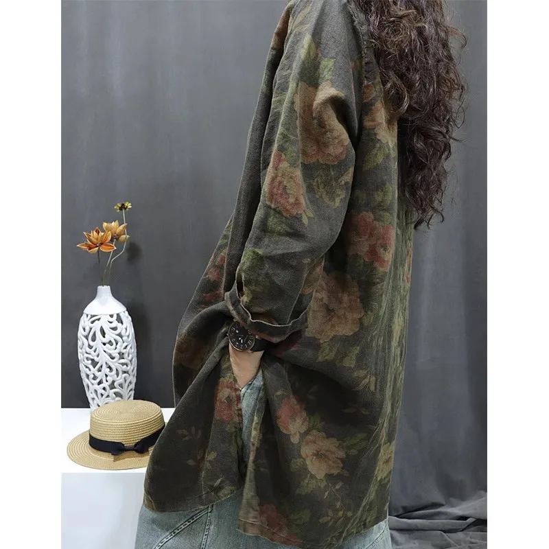 

Ретро-принт из смешанного волокна с воротником-стойкой на пуговицах, свободный крой средней длины, модный для женщин старше 40 лет